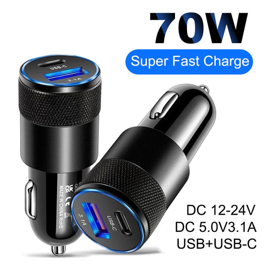 70W PD Car Charger USB Type C Fast Charging Car Phone Adapter Quick Charge